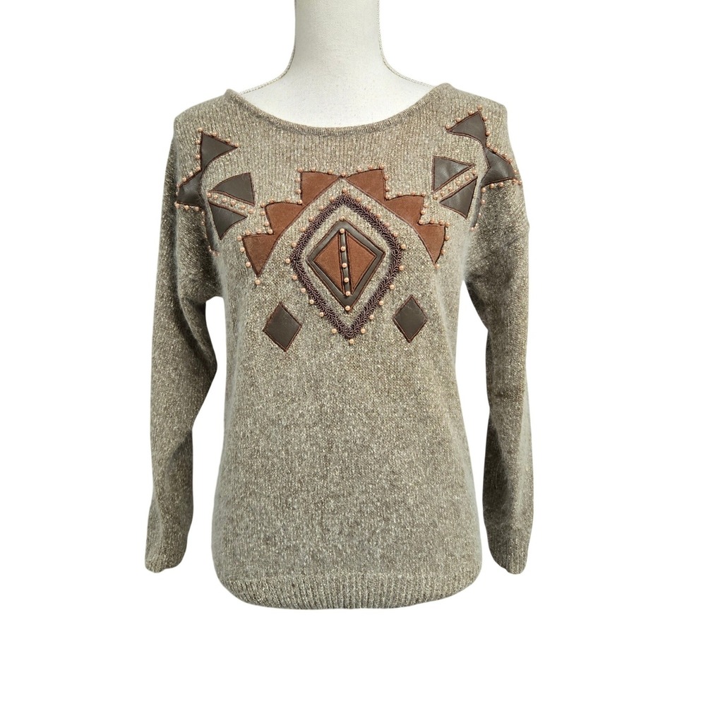 Private Party Silk Angora Wool Blend Southwestern Sweater Brown Vintage Size M